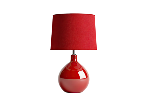 Red lamp with red shade on a glossy base. Isolated on black backdrop, studio shot