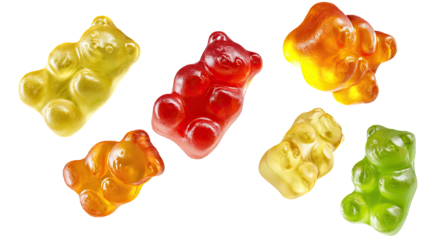 Assorted gummy bear candies on a transparent backdrop. Various flavors, isolated and appetizing