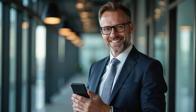 Smiling businessman in suit holds phone indoors. Man wears glasses and tie, works in modern office hallway. He looks professional and ready for business and communication.
