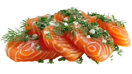Close-up of several raw salmon slices, garnished with fresh dill and white salt