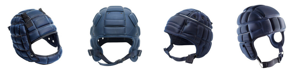 Four views of a vintage dark blue fabric helmet with ear flaps and chin strap, isolated on transparent background