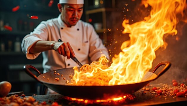 Asian chef prepares delicious noodles in flaming wok. Man wearing white uniform, cooks food over fire. Culinary expert flips meal in professional kitchen. Food industry worker at work.