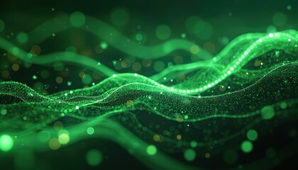 Green digital wave with glowing particles. Abstract eco friendly tech background. Network connection lines. Sustainable innovation concept. Future technology visualization. Green data flow.