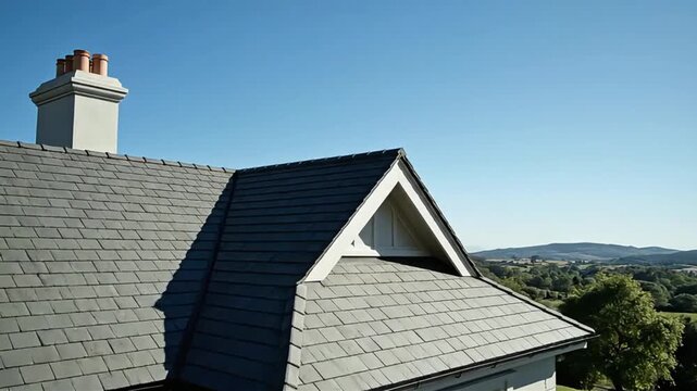 House roof with grey slate tiles white chimney stack and gable against a clear blue sky overlooking a green rural landscape on a sunny day