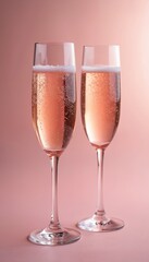 Two elegant glasses filled with pink champagne. Sparkling bubbles rise in the crystal flutes. Refreshing alcoholic drink on a pastel pink background. Celebration toast concept.