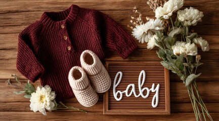 A heartwarming composition celebrates the imminent arrival of a little one, showcasing a knitted sweater, tiny shoes, and floral accents. ..Created with Generative AI, not depicting real subjects.