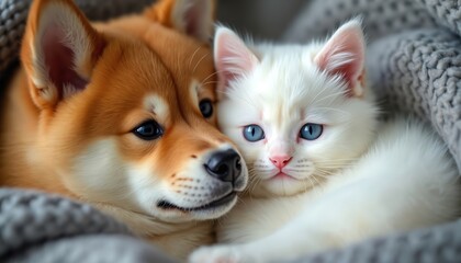 Brown Shiba Inu puppy, white fluffy kitten cuddle together under soft grey knitted blanket. Adorable pets show true friendship, love, relax peacefully. Cute furry domestic animals feel great comfort,