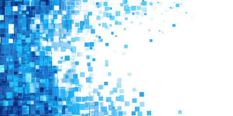 Abstract digital art of blue squares dissolving into white space isolated on transparent background