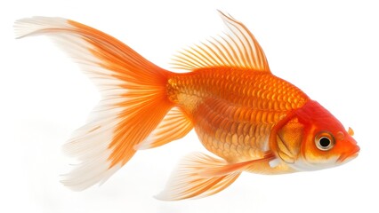 Fototapeta premium A vibrant orange goldfish, captured in profile against a clean white background,