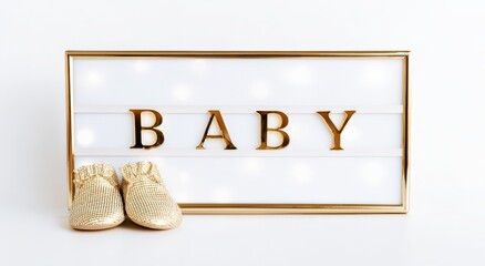 A gold-framed light box displays the word BABY, symbolizing new beginnings, joy, and the preciousness of childhood. ..Created with Generative AI, not depicting real subjects.
