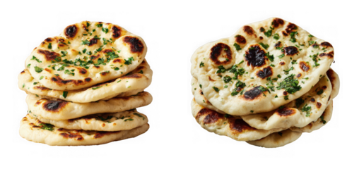 Stack of freshly baked naan bread with herbs, isolated on transparent background