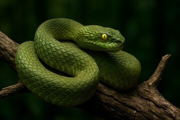 Fototapeta premium Vibrant Green Snake Coiled on Tree Branch – Exotic Reptile Closeup