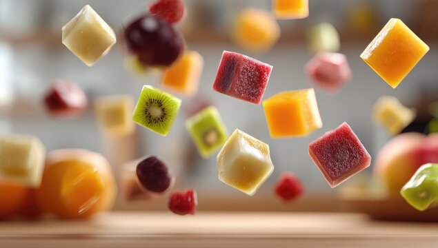 Fruit cubes float amidst blurry kitchen backdrop