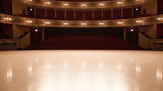 Grand Empty Theater Stage Elegant auditorium with classic architecture rows of red velvet seats and illuminated balconies Perfect for performing arts and cultur