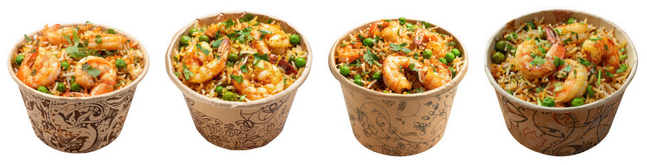Four cups of shrimp fried rice with peas and carrots, isolated on transparent background