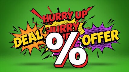 Comic book style sale announcement on a vivid green background - Powered by Adobe