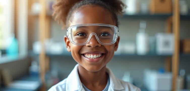 Smiling young girl scientist wearing protective glasses in a lab coat. Cute african american child happy with science experiment. Education for kids and future of tech. - Powered by Adobe