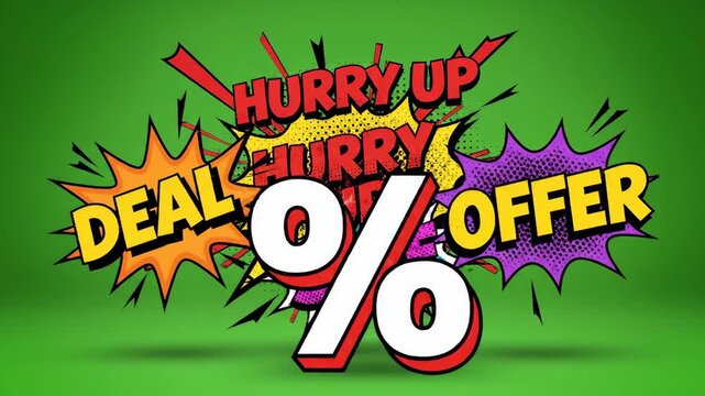 Comic book style sale announcement on a vivid green background