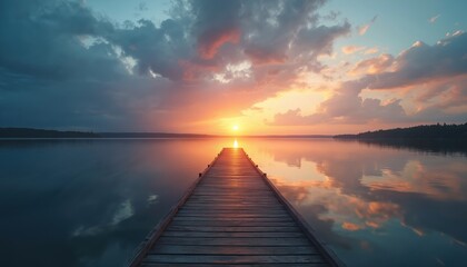 Naklejka premium Wooden dock extends into lake at sunset. Water reflects sky, sun. Serene scene for travel theme, mindfulness meditation concept. Blank area great for wish card invitation background with text space.