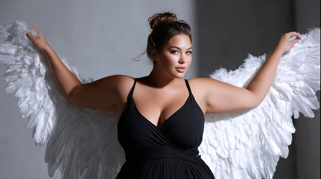 Body Positivity, Confident angelic woman with wings and black dress