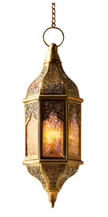 Ornate moroccanstyle lantern with intricate metalwork and glowing warm light, isolated on transparent background