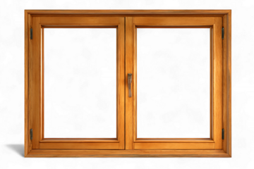 Wooden window frame with two glass panes isolated on transparent background