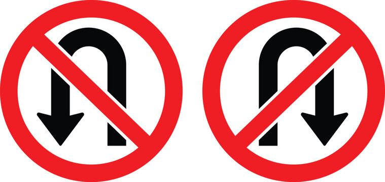 Two red circle no u turn traffic signs with black arrows prohibition restriction