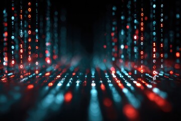 Falling binary code in red and blue hues, abstract