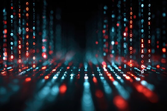 Falling binary code in red and blue hues, abstract