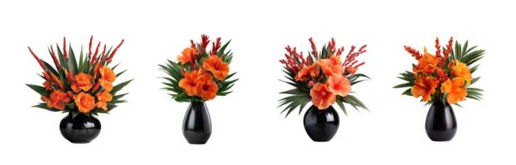 Four orange flower arrangements in black vases, isolated on transparent background