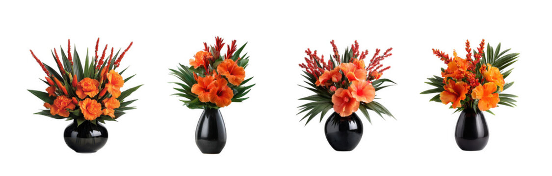 Four orange flower arrangements in black vases, isolated on transparent background