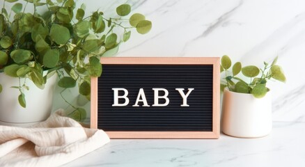 The word BABY displayed on a charming letter board, surrounded by lush plants and soft linen. ..Created with Generative AI, not depicting real subjects.