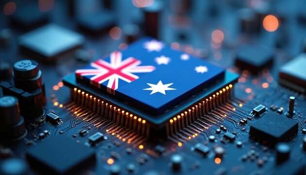 Illustration of Australia flag integrated into microchip on circuit board. Image symbolizes tech advancement computing, digital innovation in Australia industry. Tech concept represents nation future. - Powered by Adobe