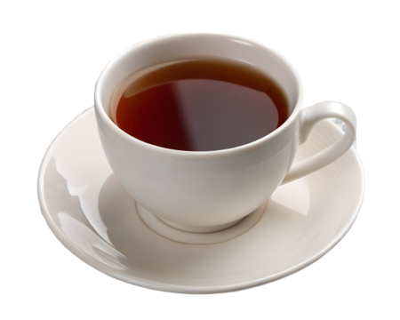 A white ceramic cup filled with dark hot tea sits on a matching saucer against a solid black background