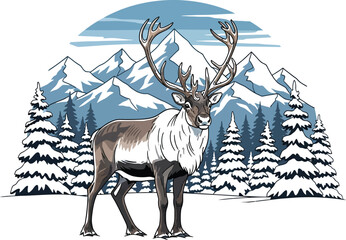 Majestic reindeer standing proudly in a snowy winter landscape with towering mountains and evergreen trees creating a serene arctic wilderness scene © Sana