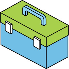 Isometric green and blue closed toolbox with white clasps tool box container