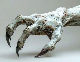 A close-up of a grotesque, pale hand with sharp, curved claws