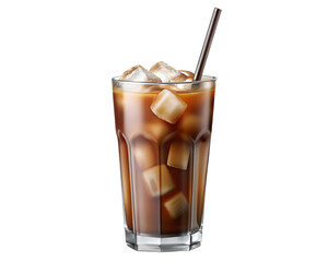 Refreshing iced coffee with ice cubes and a straw in a tall glass against a black background