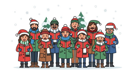 Flat 2D Vector illustration of a diverse group of people wearing winter clothing and Christmas hats, standing together in a festive christmas celebration against a clean white background
