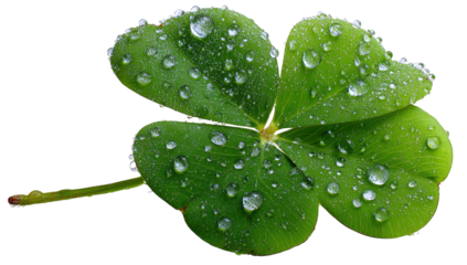 A closeup shows a four-leaf clover with water droplets on its leaves, isolated on black