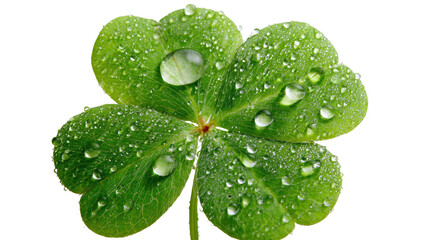 Close-up of a vibrant four-leaf clover, glistening water droplets on its textured green leaves