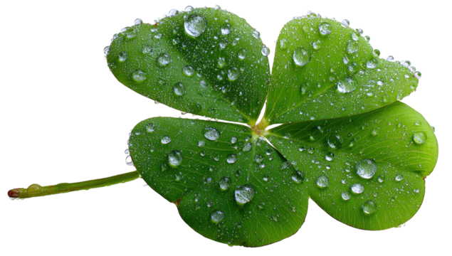 A closeup shows a four-leaf clover with water droplets on its leaves, isolated on black