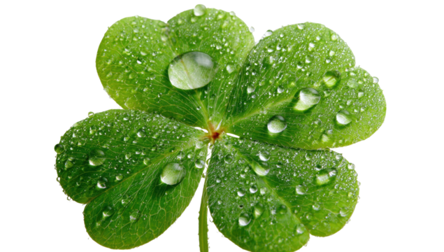 Close-up of a vibrant four-leaf clover, glistening water droplets on its textured green leaves