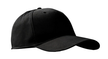 A black cap, curved bill, and rounded crown, set against a deep black background