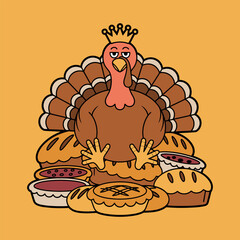 Thanksgiving Turkey King with Pies Cartoon Illustration