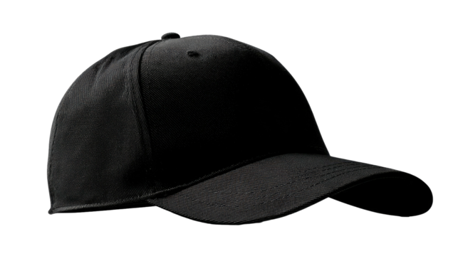 A black cap, curved bill, and rounded crown, set against a deep black background