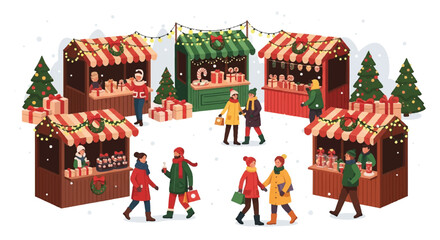 Flat 2D vector illustration of a vibrant Christmas celebration with people walking around stalls in a festive market setting.