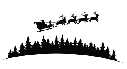 Flat 2D Vector illustration of a Christmas celebration scene with Santa's sleigh and reindeer flying over a forest silhouette against a white background.