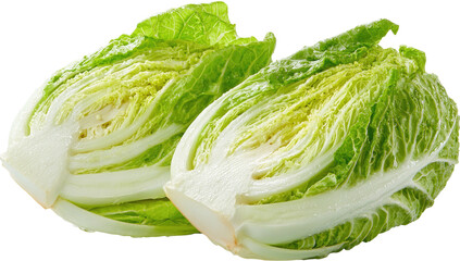A fresh image of two halves of Chinese cabbage, revealing the crisp white stem and layered green leaves