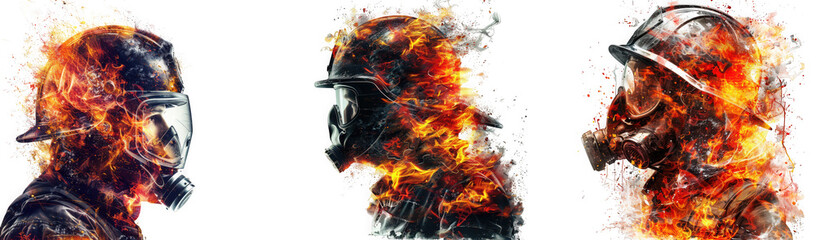 Three firefighters in profile, their bodies dissolving into flames and embers, isolated on transparent background